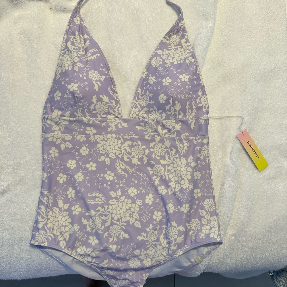 Summersault Vintage Floral Halter Plunge One Piece Swim Bathing Suit Size 12 NWT